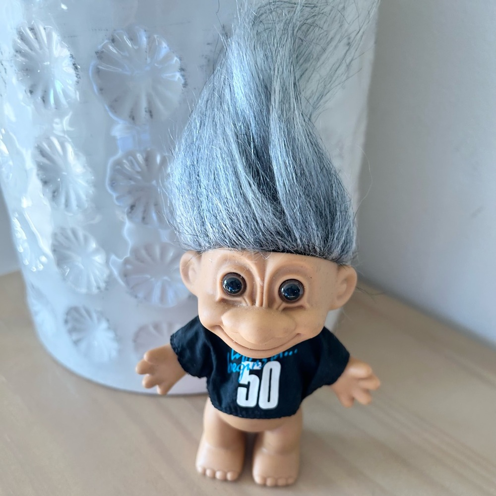 Vintage Troll Russ Berrie Life Begins at 50 Grey Hair & Black Shirt Collectible